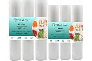 VITAL VAC VITAC VAC Pack de 6 Rollos Gofrados [3 Rollos 20x500cm + 3 Rollos 28x500cm] Para Bolsas de Envasadora al Vacío Doméstica de Alimentos | Compatibles con Silvercrest, Foodsaver, Jata, Cecotec