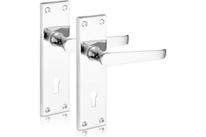 XFORT® Lever Lock Flat Polished Chrome Door Handles, Elegant Door Handle Set for Wooden Doors, Classic Victorian Straight Design, Ideal for Internal Doors That Require Key Locking Security [1 Pair]