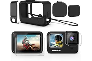 Kuptone Zestaw akcesoriów do GoPro Hero 9/10/11/12 czarny, silikonowy pokrowiec ochronny + 6 szt. ochraniaczy ekranu ze szkła hartowanego do Hero 9/10/11/12