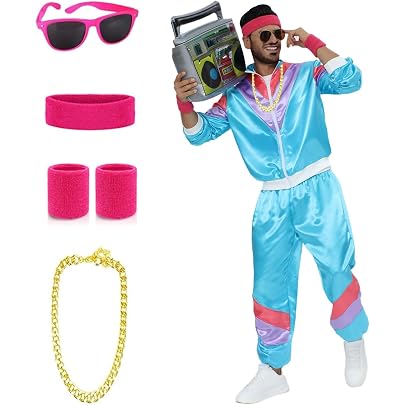 Disfraz De Los 80 Completísimo - Chándal Retro, Peluca, Gafas, Cadena Y Ghettoblaster Para Fiestas Temáticas