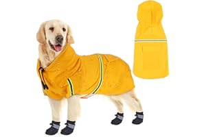 Halinuia Regenmantel Hund Wasserdicht Regenjacke Coole Gelb Hunderegenmantel mit 4 Hundeschuhe, Hunde Regenmantel für Großer Hund(L)