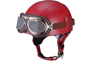 Woljay Vintage Leather Motorcycle Retro Half Helmet Men Women Adult for Scooter Bike Cruiser with Goggles and Drop Down Sun Lens