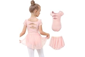 JiAmy Sukienka baletowa dla dziewcząt, strój baletowy, bawełna, krótki rękaw, trykot baletowy, trykot do tańca + szyfonowa spódnica kopertowa, sukienka do tańca, 2-częściowy, dla dzieci w wieku 3-11