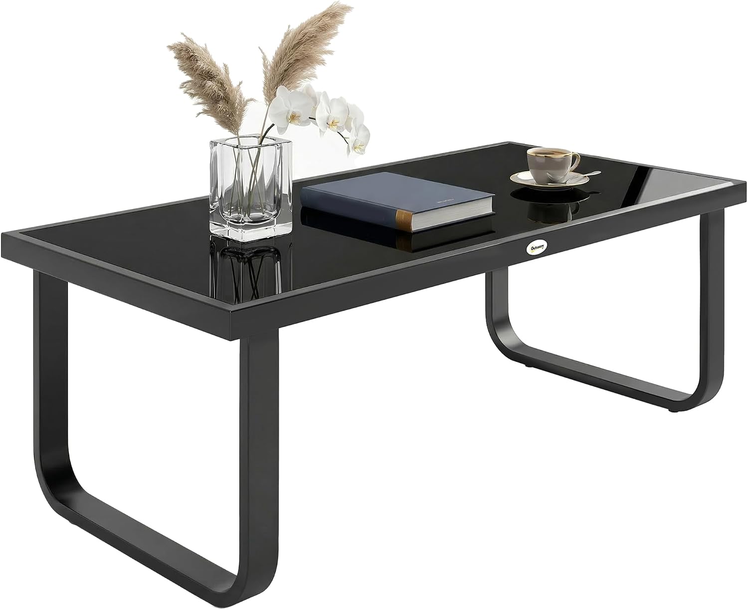 Outsunny Metal Garden Coffee Table, Outdoor Rectangle Side Table with Tempered Glass Tabletop and Adjustable Foot Pads for Terrace, Balcony, Patio, 90 x 45 x 33 cm, Black