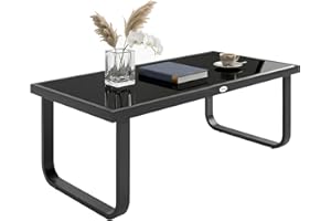 Outsunny Metal Garden Coffee Table, Outdoor Rectangle Side Table with Tempered Glass Tabletop and Adjustable Foot Pads for Terrace, Balcony, Patio, 90 x 45 x 33 cm, Black