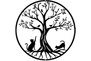 Pduoduo Black Metal Tree of Life Wall Decor Silhouette Art(with cat and bird) for Gift Present Indoor Outdoor Garden Home Decoration (19.68in)