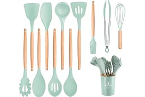 CCHONG Utensilios de Cocina de Silicona Utensilios Cocina de Silicona Antiadherente Juego de Utensilios Resistentes al Calor con Mango de Madera Accesorios Cocina (Verde Claro)