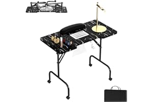 UISEBRT Tavolo pieghevole per manicure con aspirazione, tavolo per manicure portatile con ruote, tavolo per manicure mobile, venature nere