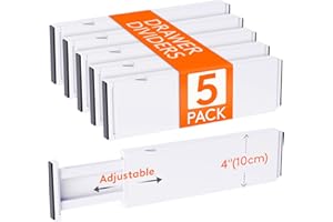 Lifewit 5 Paquetes Separadores Cajones 10cm Alto, 34,3-55,9cm Ajustable Organizador Nterior Armarios Ropa/Camisetas/Pantalones, Divisores Cajones para Cocina/Despensa/Oficina/Baño/Escritorio, Blanco