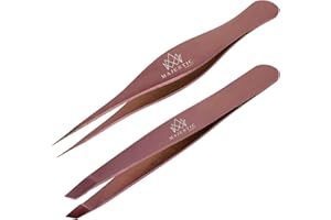 Majestic Bombay Set in acciaio inossidabile con punta obliqua + pinzette chirurgiche per peli incarniti, pinzette a punta con ago affilato per schegge, zecche e rimozione del vetro (oro rosa)