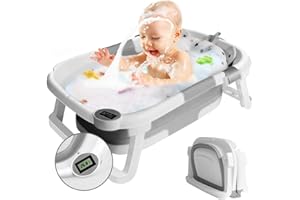 ADOV Baignoire Bébé, Baignoire Bebe Pliable avec Thermomètre pour Détection de Température, Baignoire pour Petits avec Coussin, Bouchon de Vidange, Jouet de Bain, Support de Jambe Antidérapant- Gris