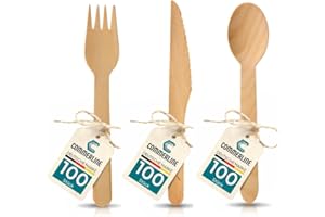 300 Stück Einweg Besteck Set | 100 Holzlöffel + 100 Holzgabeln + 100 holzmesser Set | Einweggeschirr Set aus Holz | Einwegbesteck Holzbesteck Holzgeschirr (100 Löffel & 100 Gabeln & 100 Messer)