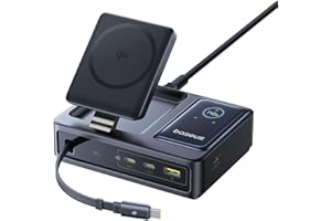 ‎BASEUS Baseus NOMOS 5-w-1 Stacja Ładowania, 140W Ładowarka USB-C z ładowaniem MagSafe Qi2.0 15W, chowany kabel USB-C, 2USB-C+ USB-A, z wyświetlaczem cyfrowym, kompatybilna z iPhone17/16/15/14, MacBook