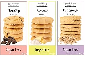 CUSTIC Farmhouse Biscuits Sugar Free Bundle | Pack of 3 | Chocolate Chip Cookies 150g x 1, Viennese Shorties 150g x 1, Oat Crunch Cookies 150g x 1