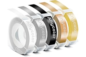 Anycolor Replacement for Embossing Tape Compatible with Omega S0717930 Junior S0717900 Label Maker 9mm Embossing Tape Black Clear Gold Silver Champagne Gold for E-101 E-303 E975