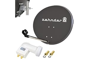 SATSHOPPING Zehnder 60cm Spiegel Schüssel Stahl + LogiSat Twin LNB | 2 Teilnehmer HD Digital SAT Anlage Set anthrazit | DVB-S/S2 Full HDTV 3D 4K Ultra HD UHD Empfang