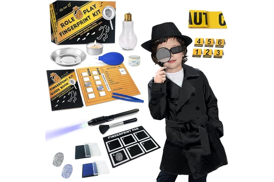 Spy Kit for Kids Detective Outfit Fingerprint Investigation Role Play Dress Up Educational Science STEM Toys Costume Secret Agent Finger Print Identification Set Boys Girls Birthday Gifts Age 6+