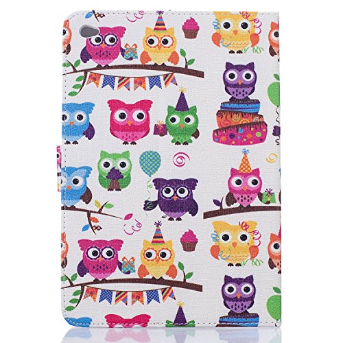 Etsue für iPad Air/iPad 5 [Cartoon Eule Blatt] Leder Tasche Hülle Etui Muster, Bunte Niedlich Painted Ständer Tasche Schutzhülle Smart Shell Wallet Case Magnetverschluss Bookstyle Ledertasche Brieftasche Hülle mit Kartenfächern für iPad Air/iPad 5 + 1x Glitzer Staub Stecker + 1x Blau Eingabestift-Owl Leaf - 3