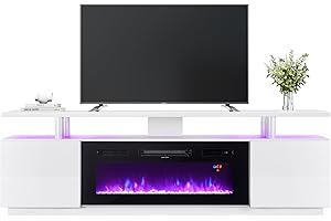 INMOZATA Electric Fire, Entertainment Center Console Table with Fireplace, 12Colors Realistic Flame Effect & 12Colors Moon Lights, Remote Control&Overheat Protection, 36" Fireplace, for 78" TV, White