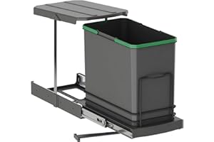 Emuca - Poubelle de tri sélectif pour meuble de cuisine, 24 L, fixation par le bas et extraction manuelle/automatique, plastique gris anthracite.