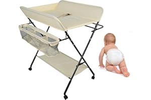 Homewell Comò fasciatoio, fasciatoio portatile, pieghevole, con fasciatoio, cintura di sicurezza, scomparti, motivo carino e indicazione dell'altezza, stabile e confortevole (crema)