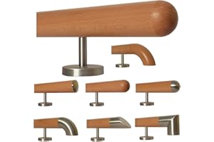 TIBU Poręcz schodowa z drewna bukowego, uchwyt, prosty uchwyt ze stali nierdzewnej, długość 30 - 500 cm, wykonana z jednego kawałka, na przykład długość 140 cm, z 3 prostymi uchwytami – końce = półkula