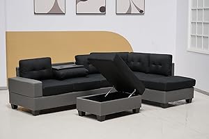 SOFAHEAVEN Western Black/Grey Fabric Corner Sofa suite With Drop Down Cup Holder And Ottoman for livingrooms -Cheap sofas & couches-3020 (Black/Grey, Right Hand Side)