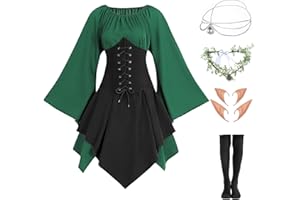 FOVER Mittelalter Gothic Kleidung Damen Traditionelles irisches Kleid Renaissance Grünes Kleider Karneval Halloween Kostüm Piraten Cosplay Outfit mit Kopf Kette Blumenkranz Elfenohren Overknee Socken