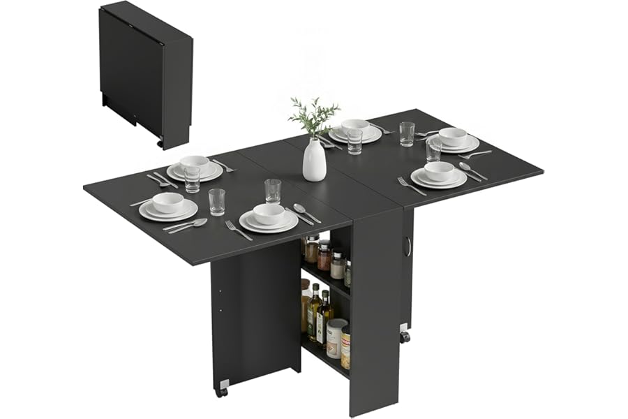 HOMCOM 80-140 cm Folding Dining Table for 4-6 People, Drop Leaf Table with 2-Tier Shelves, Rolling Casters, for Small Spaces, Kitchen, Flat, Dining Room, Black