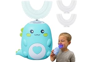 QIAKEFE Spazzolino da denti elettrico a 360º per bambini, spazzolino da denti elettrico con 2 testine in silicone a forma di U, ricaricabile e impermeabile, per casa, viaggi, uso (verde 2-6 anni)