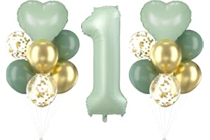 Cadimus Grün Luftballon 1.Geburtstag,40 Zoll Olivgrün Folienballon 1,Grüne Zahlenballons,Geburtstagsdeko 1 Jahr Jungen und Mädchen,Herz Folienballon,1 Jahr Ballon