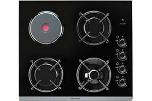 Brandt - BPG6413BM - Plaque Gaz et Electrique - Table de Cuisson - Noir - 4 Foyers - 1500W Electrique et 6200 Gaz - Encastrement : 56x48cm - Sécurité Gaz par Thermocouple - Fabriqué en France