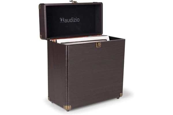 Audizio RC32 Étui de Rangement pour Vinyle 33 Tours - Noyer, Mallette pour 30 à 35 Vinyles, Coins Renforcés, 34,5 x 16,5 x 38 cm, Idéale pour Transporter Vos Vinyles en Toute sécurité