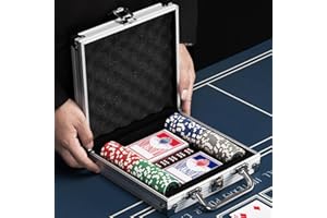 BAKAJI Juego de maletín de póquer de Aluminio, Paquete de Juego Profesional con 2 Barajas de Cartas, 5 Dados, botón del Distribuidor, Maleta Ideal para Texas Hold'em y Blackjack (100
