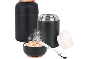 Binnan Termo para Comida 500 ml, Frasco Acero Inoxidable Fiambrera termica con Cuchara Plegable, Recipiente Térmico para Comida con Asa para Adultos Niños, Sin BPA (Negro)