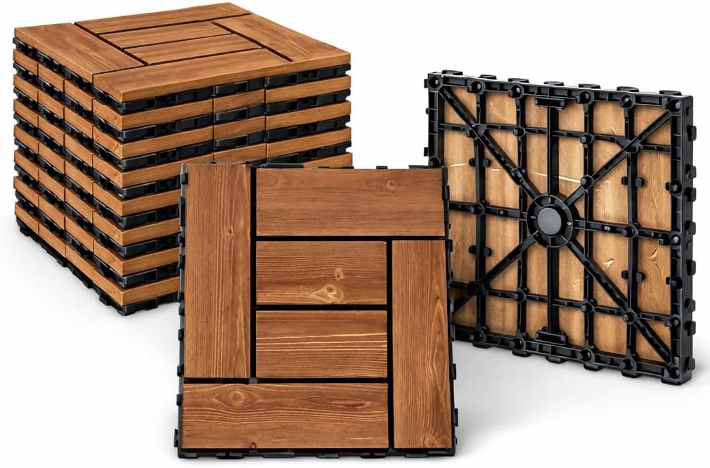 Acomoda Textil - Baldosa de Madera Encajable 29x29 cm para Exterior e Interior, Suelo Modular Decorativo con Base Drenante, Facil Instalacion Para Terraza Balcon Jardin Patio o Ducha (Dionisio, 12 Ud)