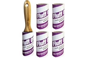 FLUFF OFF Lint Roller and Refills for Pet Hair - 1 Bamboo Handle and 5 Refills - 90 spiral sheets per roll (450 Sheets in total) - Perfect for removing Pet Hair, Fluff, Dust from clothes, furniture and carpets