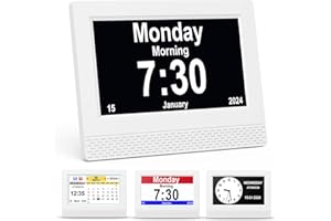 SENXINGYAN Orologio Calendario Digitale Sveglia, 7" LCD Oscuramento Automatico con Ora, Data, Anno Mese Giorno Non-Abbreviazione Orologio Completo per Perdita Di Memoria Anziani Demenza Alzheimer - Bianco
