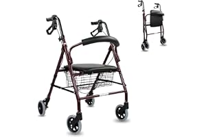 Walker | Fällbar | Aluminium | Bromsar på spakar | Säte och ryggstöd | 4 hjul | Bordeaux