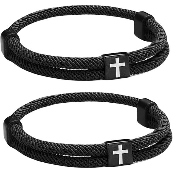 MANVEN Bracciali Di Coppia Con Croce - Corda Intrecciata A Mano Regolabile, Con Bigliettino E Astuccio - 2