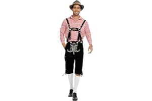 Seinal Oktoberfest Herren Outfit, oktoberfest hose herren Tracht Set, lederhose herren tracht Herren Oktoberfest Outfit Mit Abnehmbaren Latzträgern, Karohemden und Trachtenhut Herren