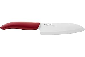 Kyocera FK-140 WH-RD EU, Cuchillo Santoku, 14 cm, cuchilla de cerámica de circonio afilada, afilada a mano, ligera, no corrosiva, sin transferencia de sabor, apta para lavavajillas, mango rojo