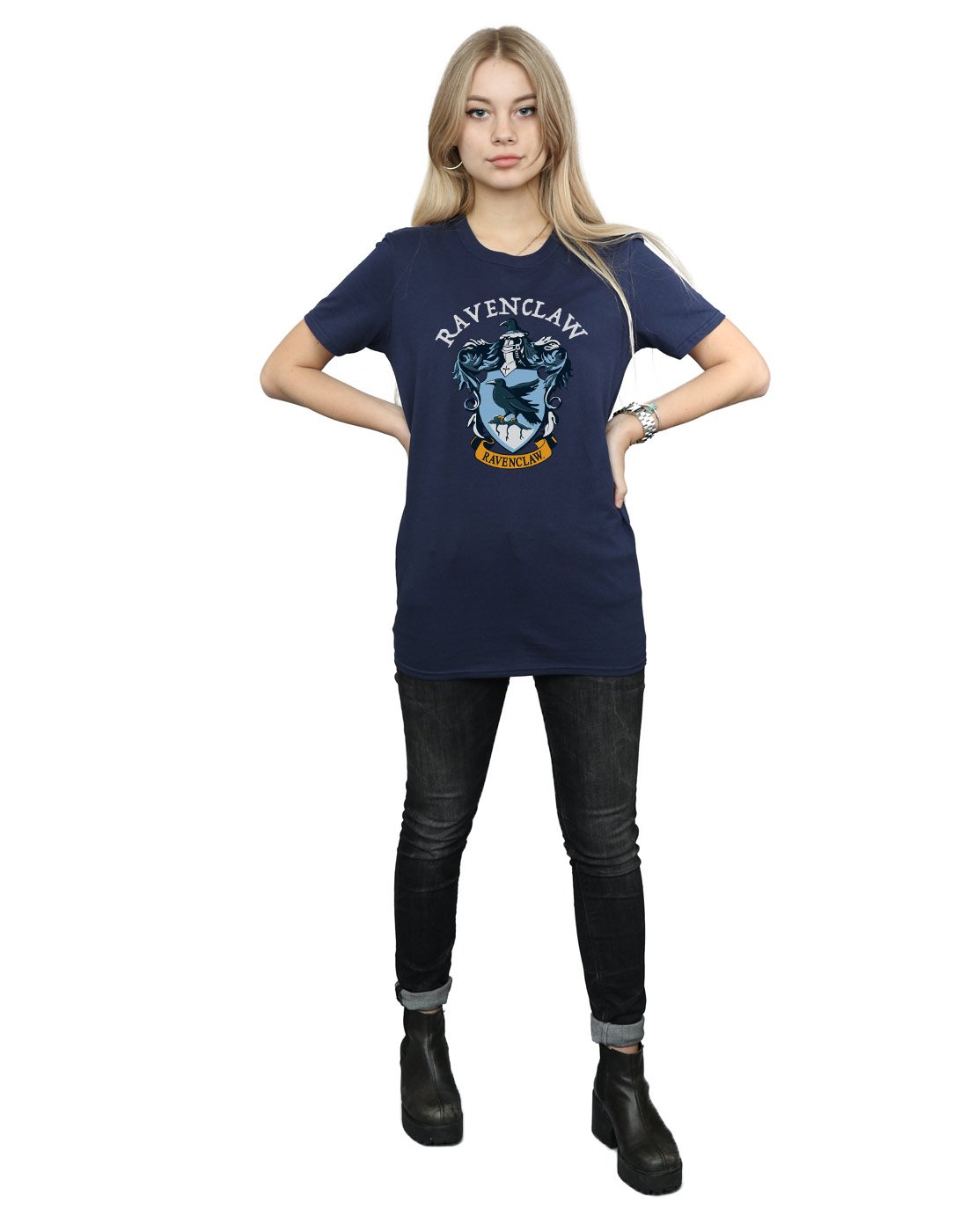 Absolute-Cult-Harry-Potter-Damen-Ravenclaw-Crest-Boyfriend-Fit-T-Shirt-Navy-Blau-Small