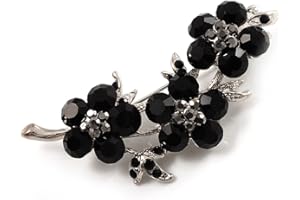 Avalaya Diamante Floral Brooch (Silver&Jet Black)
