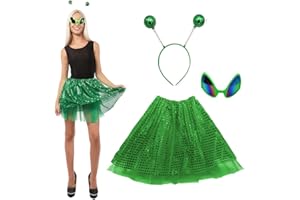 CARNAVALIFE Disfraces Alienígenas Mujer, Gafas de Extraterrestre con Diadema de Antena y Falda de Lentejuelas, Accesorios para Fiestas Temáticas Halloween Carnaval y Disfraz de Supernova
