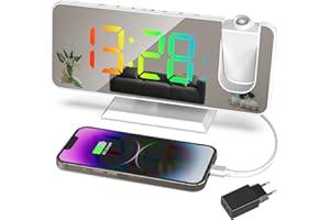 EXMATE Despertador de Proyección 7,5 " Pantalla LED dinámico RGB, Despertador Proyector Alarma Dual con Repetición, Función de atenuación automática, Puerto de Carga USB (Blanco con adaptador)