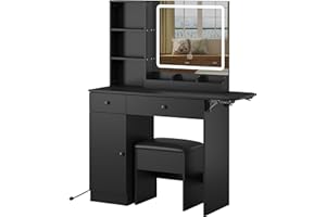 PANANA Vanity Desk Set with Fold-up Panel, 2 Drawers & 1 Cabinet Makeup Table with Mirror and LED Lights Power Outlet, Storage Cushioned Stool, Dressing Table for Bedroom (Black)