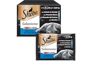 SHEBA Posiłki dla kota z filetów w sosie - (zestaw 4 opakowań po 12 x 85 g), ryba biała/ryba oceaniczna, dorsz, łosoś, karma pełnoziarnista, zrównoważona brzoskwinia MSC [opakowanie może się różnić]