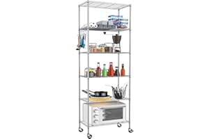Himimi 6-Tier Wire Shelving Unit with Wheels,Height Adjustable, Heavy Duty Standing Storage Shelf with Hook for Bathroom Kitchen Garage Bedroom Silver