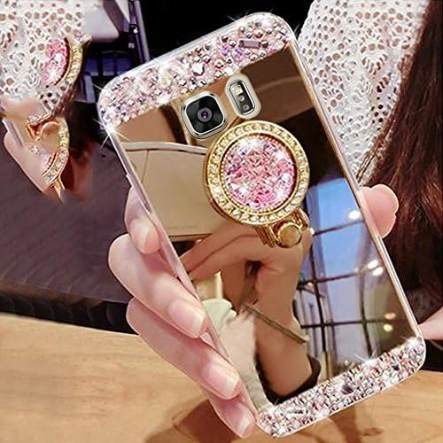 for Samsung Galaxy S6 Case Silicone Mirror,Areall [with Ring Stand Holder] Glitter Luxury Crystal Rhinestone Soft Slim Flexible Rubber Shockproof Makeup Back Cover Bumper for Samsung Galaxy S6-Gold